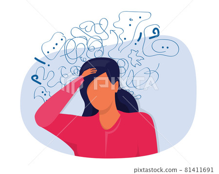 woman suffers from obsessive thoughts; headache; unresolved issues; psychological trauma; depression.Mental stress panic mind disorder illustration Flat vector illustration. woman suffers from obsessive thoughts; headache; unresolved issues; psychological trauma; depression.Mental stress panic mind disorder illustration Flat vector illustration. 81411691