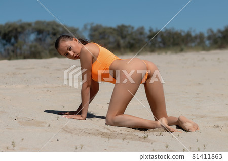 Seductive model in swimsuit kneeling on sandy beach 81411863