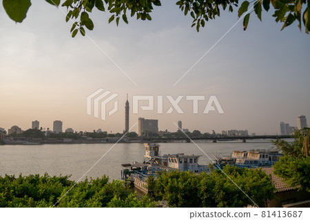 Cairo Tower and Nile at dusk 81413687