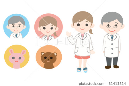 Illustration of two cute male and female doctors and an icon Illustration of two cute male and female doctors and an icon 81413814