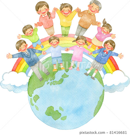 Watercolor illustration of people holding hands and the earth over a rainbow Watercolor illustration of people holding hands and the earth over a rainbow 81416681