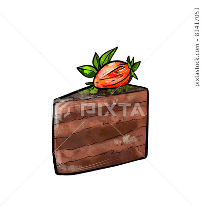illustration of a colored drawing of sweets: a piece of cake with layers of brown, drenched in 81417051