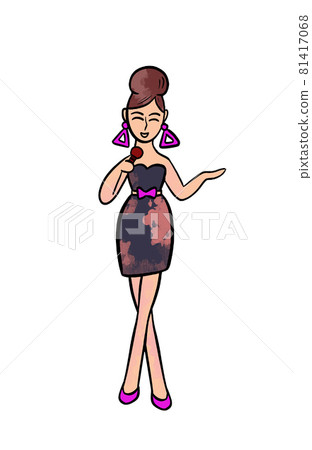 Illustration of a colored drawing of woman singer with microphone in dress and purple shoes on white Illustration of a colored drawing of woman singer with microphone in dress and purple shoes on white 81417068