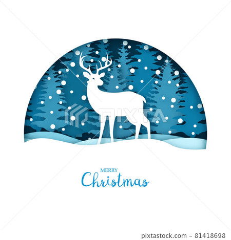 Merry Christmas card. White deer in the snow forest. 81418698