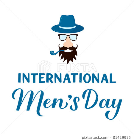 International Mens Day hand lettering with hipster isolated on white. Holiday celebrate on November 19. Vector template for typography poster, banner, flyer, sticker, t-shirt, greeting card, etc. 81419955