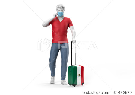 Man wearing face mask pulls a suitcase textured with flag of Mexico. 3D Rendering Man wearing face mask pulls a suitcase textured with flag of Mexico. 3D Rendering 81420679