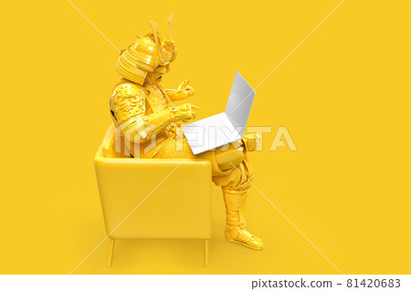 Samurai in traditional armor sitting with laptop. Technology concept. 3D Rendering 81420683