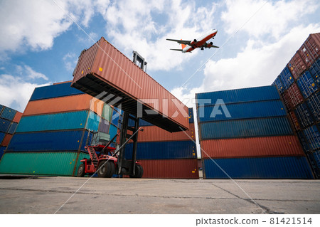 Cargo container for overseas shipping in shipyard with airplane in the sky . Cargo container for overseas shipping in shipyard with airplane in the sky . 81421514