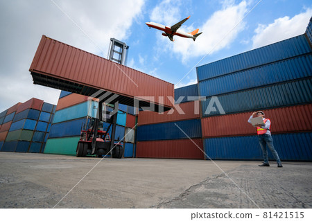 Cargo container for overseas shipping in shipyard with airplane in the sky . 81421515