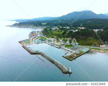 Aerial view of Tobetsu fishing port in Hokuto City, Hokkaido in summer 81421669
