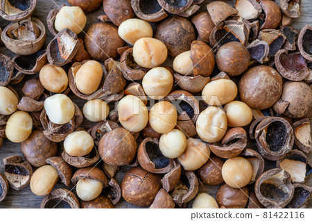 Pile of peeled Macadamia nuts on wooden table 81422116