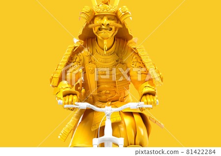 Close-up of samurai in full armor riding a bicycle. 3D illustration 81422284