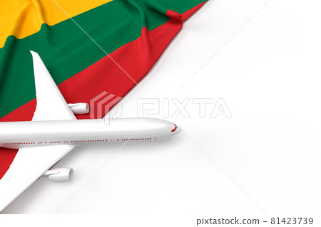Passenger airplane and flag of Lithuania. 3D illustration Passenger airplane and flag of Lithuania. 3D illustration 81423739