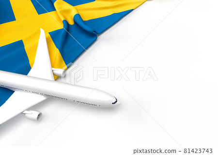 Passenger airplane and flag of Sweden. 3D illustration 81423743