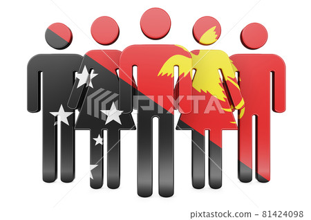 Stick figures with Papuan New Guinean flag. Social community and citizens of Papua New Guinea, 3D rendering Stick figures with Papuan New Guinean flag. Social community and citizens of Papua New Guinea, 3D rendering 81424098