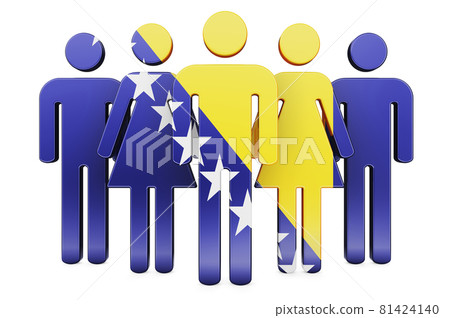 Stick figures with Bosnian flag. Social community and citizens of Bosnia and Herzegovina, 3D rendering Stick figures with Bosnian flag. Social community and citizens of Bosnia and Herzegovina, 3D rendering 81424140