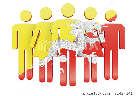 Stick figures with Bhutanese flag. Social community and citizens of Bhutan, 3D rendering 81424141