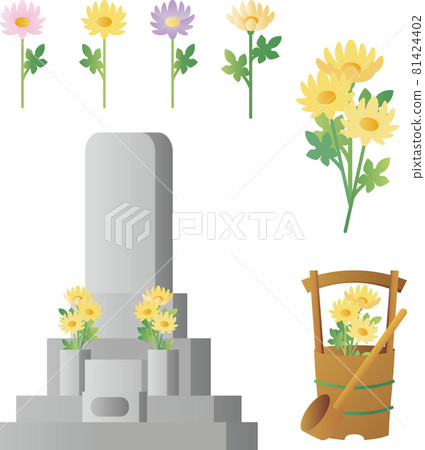 Obon, equinoctial week, grave visit, memorial service, flower, chrysanthemum, cassotte, simple vector, illustration material Obon, equinoctial week, grave visit, memorial service, flower, chrysanthemum, cassotte, simple vector, illustration material 81424402