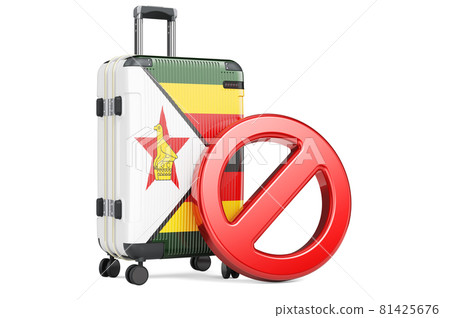 Zimbabwe Entry Ban. Suitcase with Zimbabwean flag and prohibition sign. 3D rendering 81425676