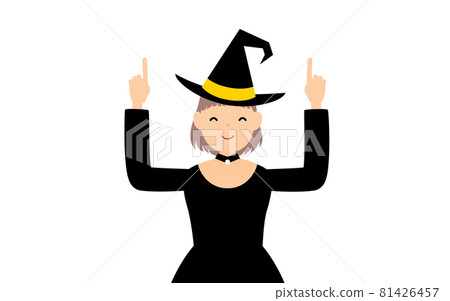 Halloween costume, pose of a girl in a witch pointing with both hands 81426457
