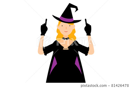 Halloween costume, pose of a woman in a witch pointing with both hands 81426478