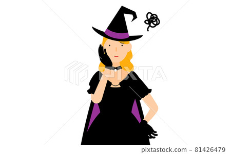 Halloween costume, a pose in which a woman in a witch is in trouble with her hand on her cheek 81426479