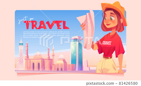 Just go travel cartoon banner, girl learning map 81426580