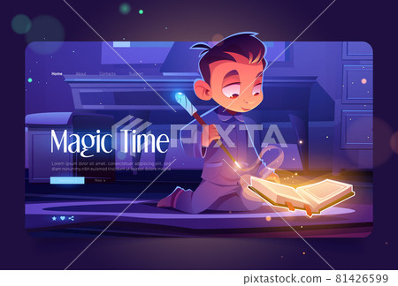 Magic time cartoon landing page. Little wizard Magic time cartoon landing page. Little wizard 81426599
