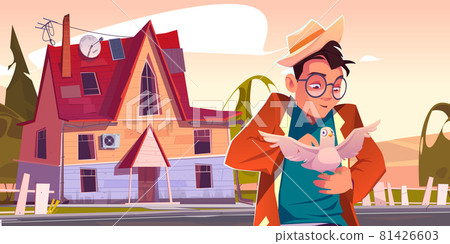Good man holding white dove on hand, caress bird Good man holding white dove on hand, caress bird 81426603