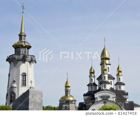 Christian church cross in high steeple tower for prayer Christian church cross in high steeple tower for prayer 81427458
