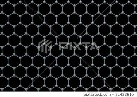 Graphene single layer background. Three-dimensional schematic molecular structure of graphene. Carbon atoms arranged in two-dimensional, flat honeycomb lattice and hexagonal grid, on black background. 81428610