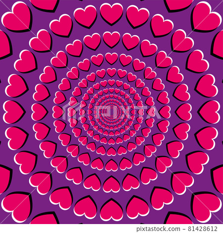 Motion illusion with heart symbols. Peripheral drift illusion, made of pink hearts on a purple background. It seems, the hearts are moving and drifting to the center, while you move your eyes. Vector. 81428612