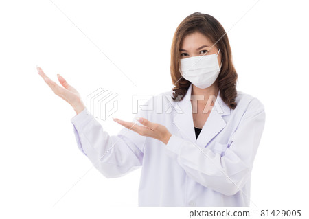 Doctor rise hands and pose adversing manner 81429005