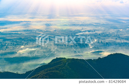 Village in surrounded by fog. 81429084