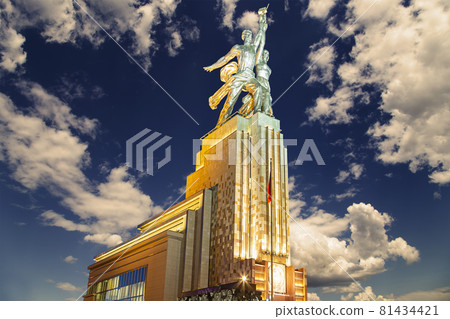 Famous soviet monument Rabochiy i Kolkhoznitsa ( Worker and Kolkhoz Woman or Worker and Collective Farmer) of sculptor Vera Mukhina, Moscow, Russia. Made of in 1937 Famous soviet monument Rabochiy i Kolkhoznitsa ( Worker and Kolkhoz Woman or Worker and Collective Farmer) of sculptor Vera Mukhina, Moscow, Russia. Made of in 1937 81434421