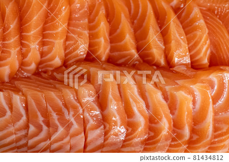 Fresh Salmon Sashimi slice served on plate 81434812