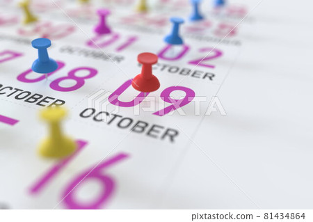 October 9 date and push pin on a calendar, 3D rendering 81434864