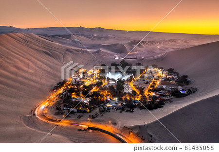 Aerial sunset view of the Huacachina Oasis in Peru Aerial sunset view of the Huacachina Oasis in Peru 81435058