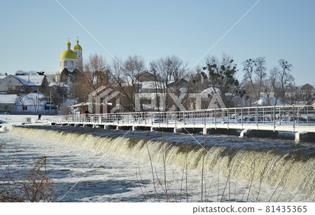 water dam weir across the river in winter water dam weir across the river in winter 81435365