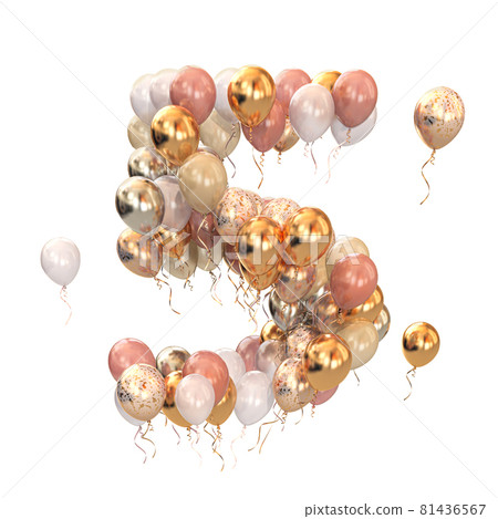 Baloon bunch in form of number i five 5 solated on white. Text letter for age, holiday, birthday, celebration. 81436567