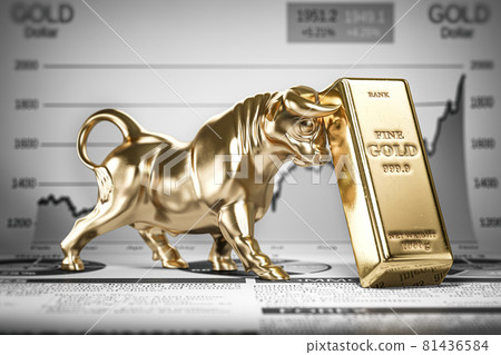 Golden ingot and bull on graph.  Bull market trend in gold. 81436584