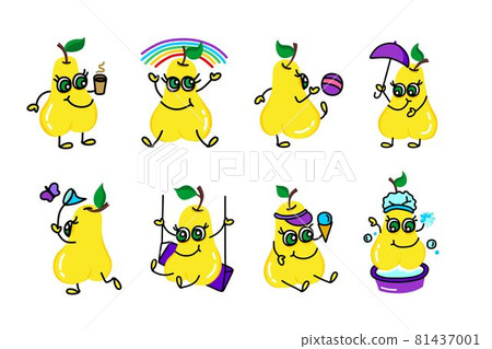 Funny pear in different poses with hands and feet set. Vector illustration. Funny pear in different poses with hands and feet set. Vector illustration. 81437001