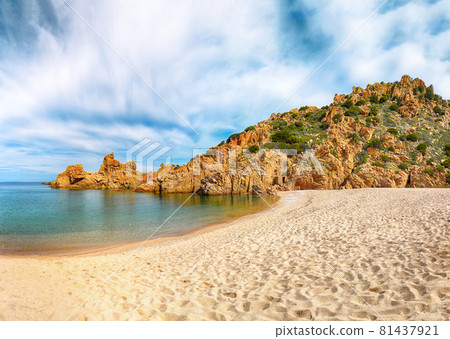 Breathtaking view of Li Cossi beach on Costa Paradiso resort. 81437921