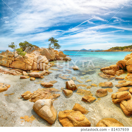 Enchanting view of Capriccioli beach in Costa Smeralda. 81437939
