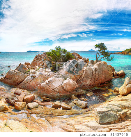 Breathtaking view of Capriccioli beach in Costa Smeralda. 81437946