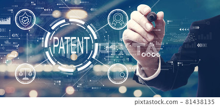 Patent concept with a man on city background Patent concept with a man on city background 81438135