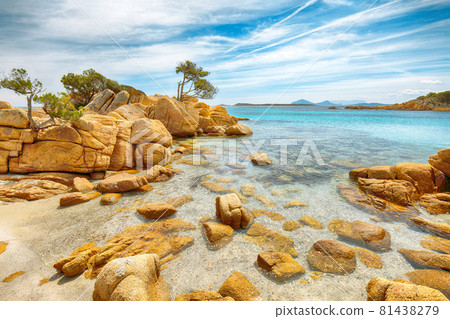 Breathtaking view of Capriccioli beach in Costa Smeralda. 81438279