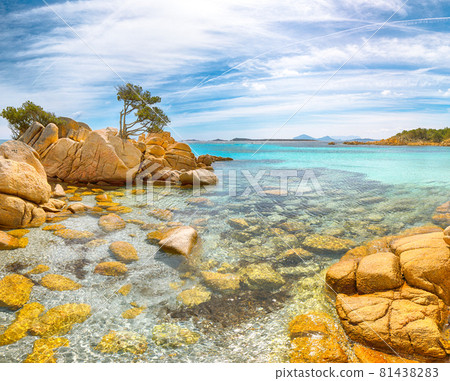 Enchanting view of Capriccioli beach in Costa Smeralda. 81438283