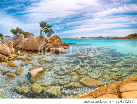 Breathtaking view of Capriccioli beach in Costa Smeralda. 81438285