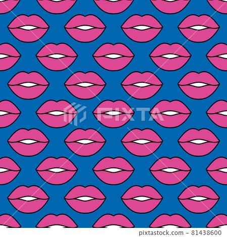 Sexual female lips. Seamless bright vector pattern with pink lips with an outline on a blue background. Fashion pop art background. For modern original designs, prints, textiles, fabrics, wallpapers.. 81438600